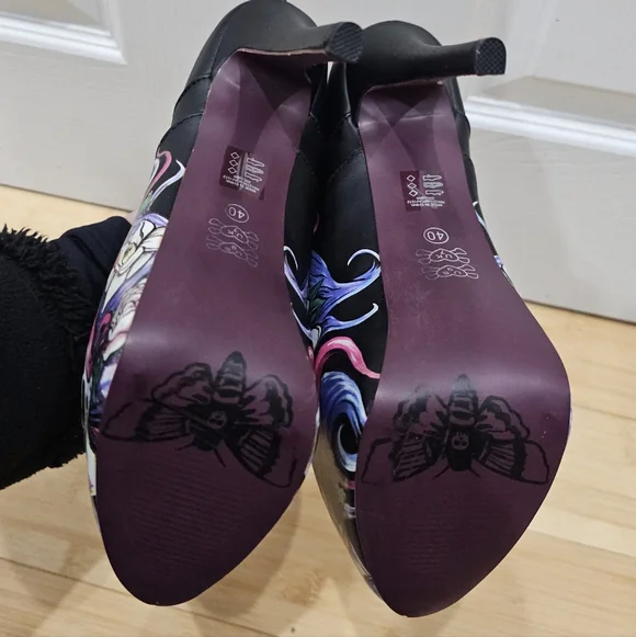 RARE IRON FIST Black Punk Goth Skull Floral Platform Lace Up High Heel Shoes 9 - Picture 5 of 14